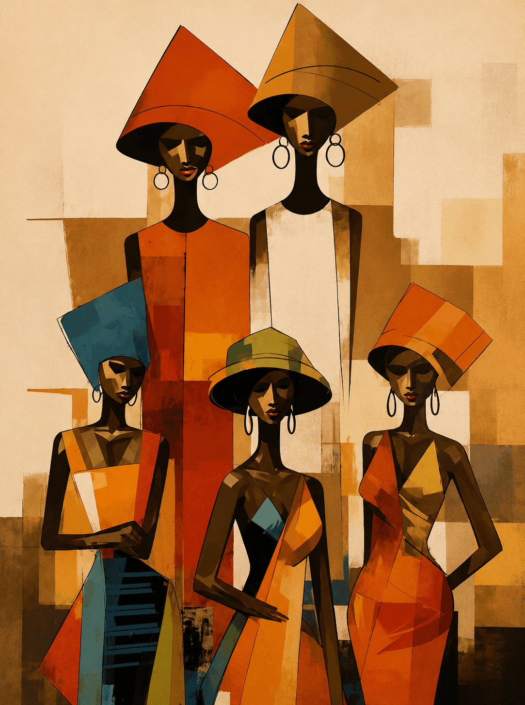 Painting of five figures in wide hats and patterned cloth
