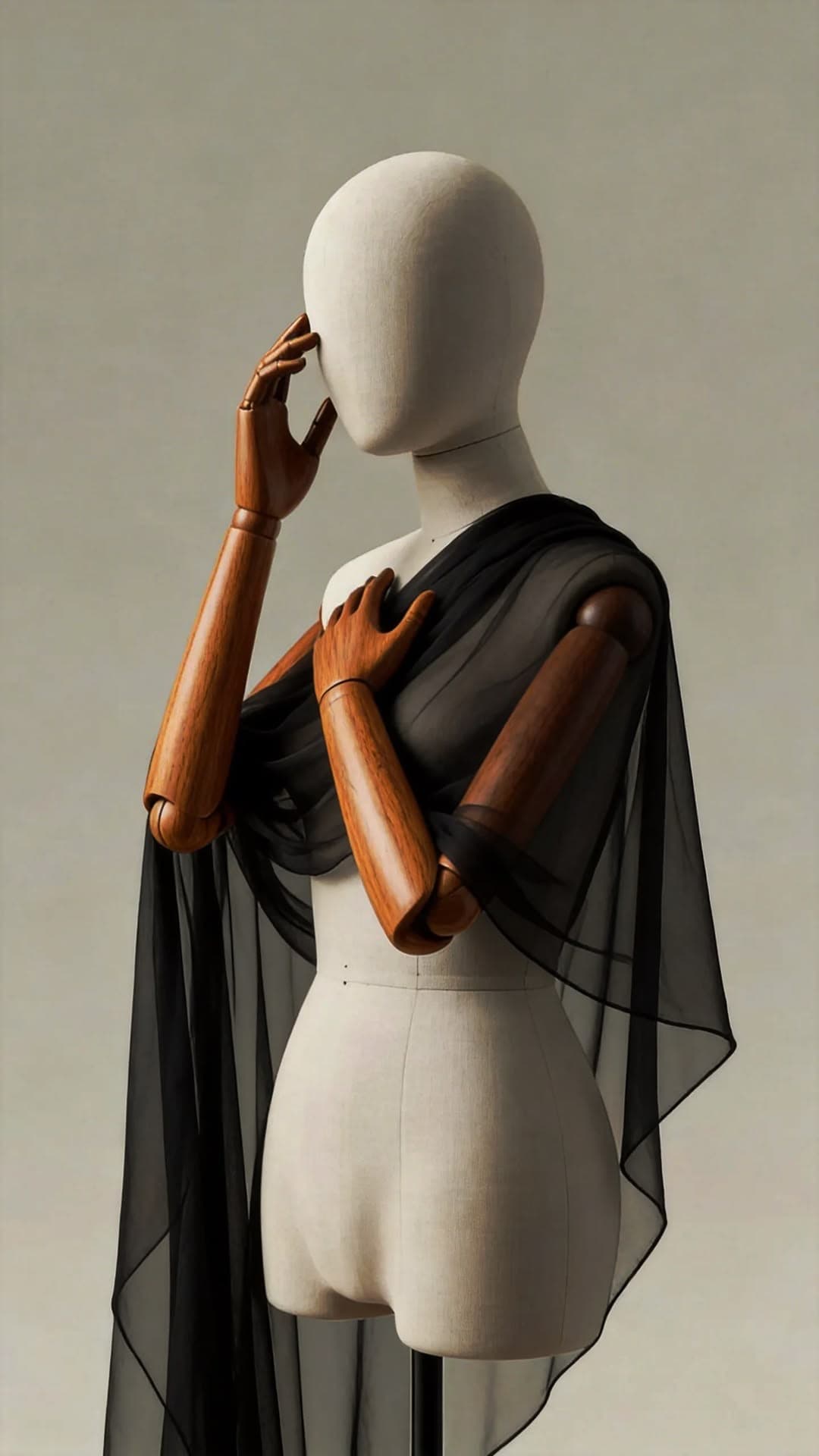 Dress form with wooden artist's-mannequin arms draped in black chiffon