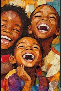 Painting of three children laughing, built from blocks of colour