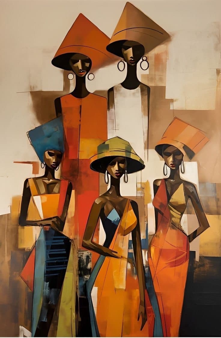 Painting of five figures in wide hats and patterned cloth