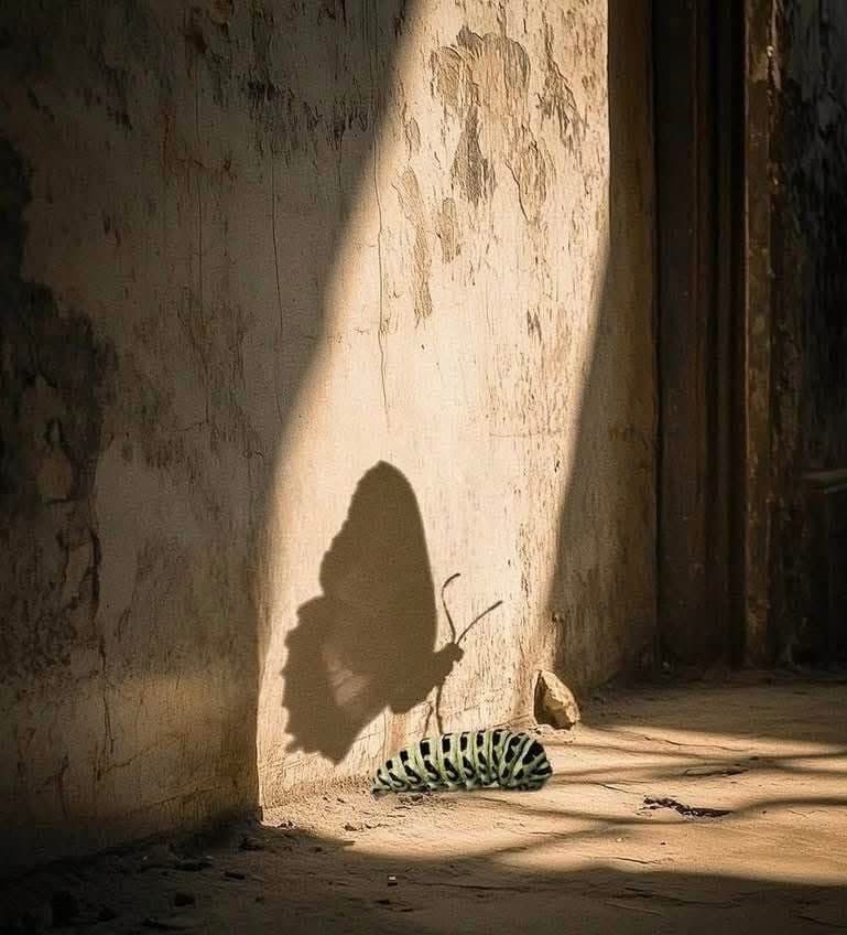 A caterpillar casting the shadow of a butterfly on a sunlit wall