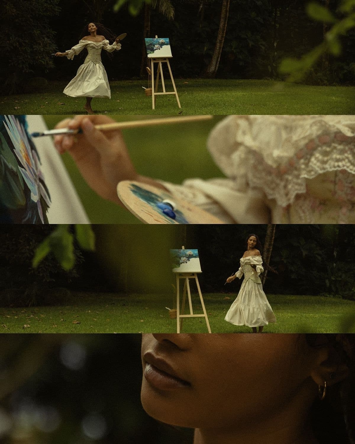 Film stills of a painter working at an easel in a garden