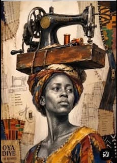 Painted portrait of a woman carrying a sewing machine on her head