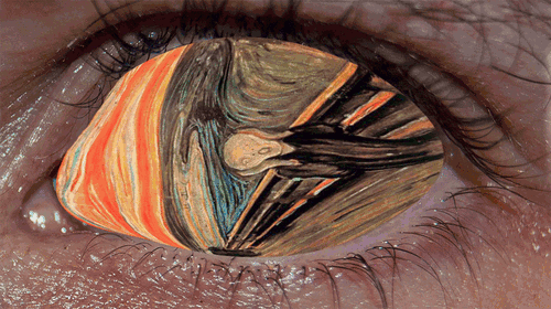 Animated painting of an eye with a figure worked into the iris